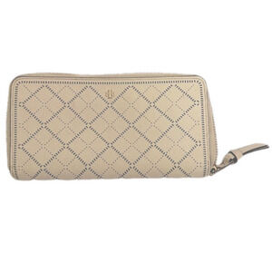 Tory Burch Beige Diamond Laser Cut Leather Zip Around Wallet cream and blue
